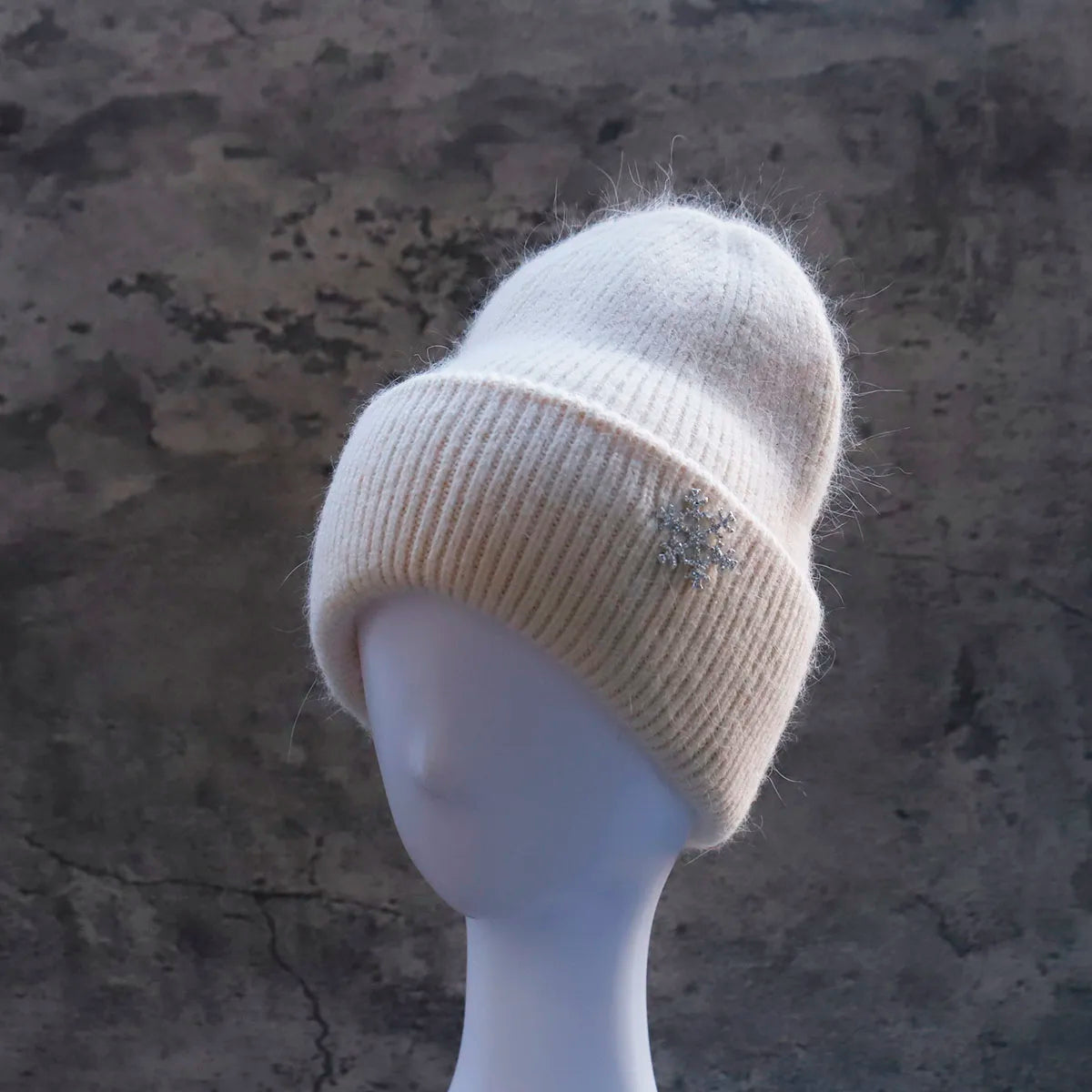 Women's Winter Knit Cuff Hat Real Warm Rabbit Hair Snowflake Pin Solid Colors - Frimunt Clothing Co.