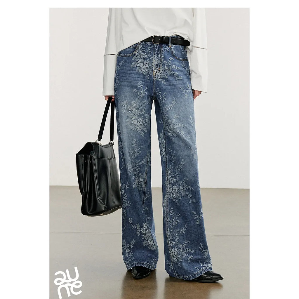 Women's Autumn Wide Straight Leg Jacquard Denim Pants - Frimunt Clothing Co.