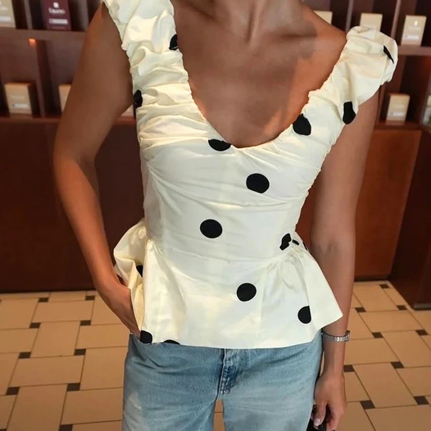 Vintage Polka Dot Backless Tank Tops Summer Street Chic Deep V Neck