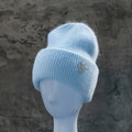 Women's Winter Knit Cuff Hat Real Warm Rabbit Hair Snowflake Pin Solid Colors - Frimunt Clothing Co.
