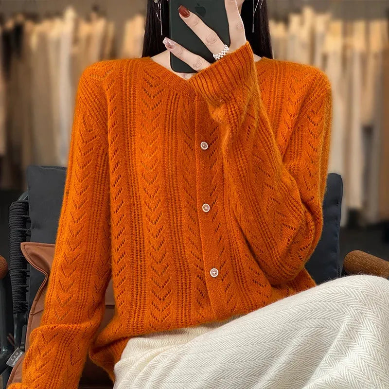 Merino Wool Soft Cable Knit Women's Cardigan Sweater O-Neck Loose Fitting - Frimunt Clothing Co.