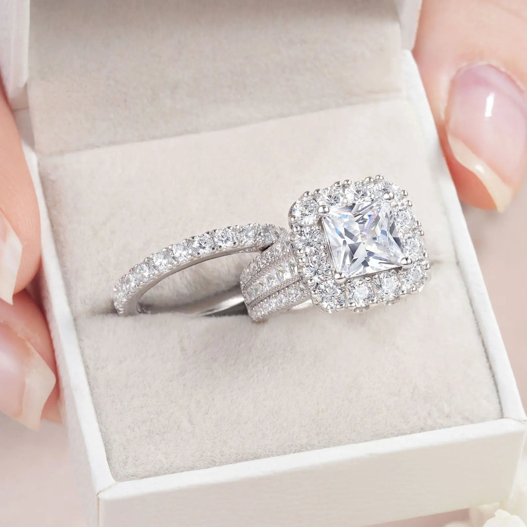 Wedding Rings Set Halo Princess Cut - Frimunt Clothing Co.