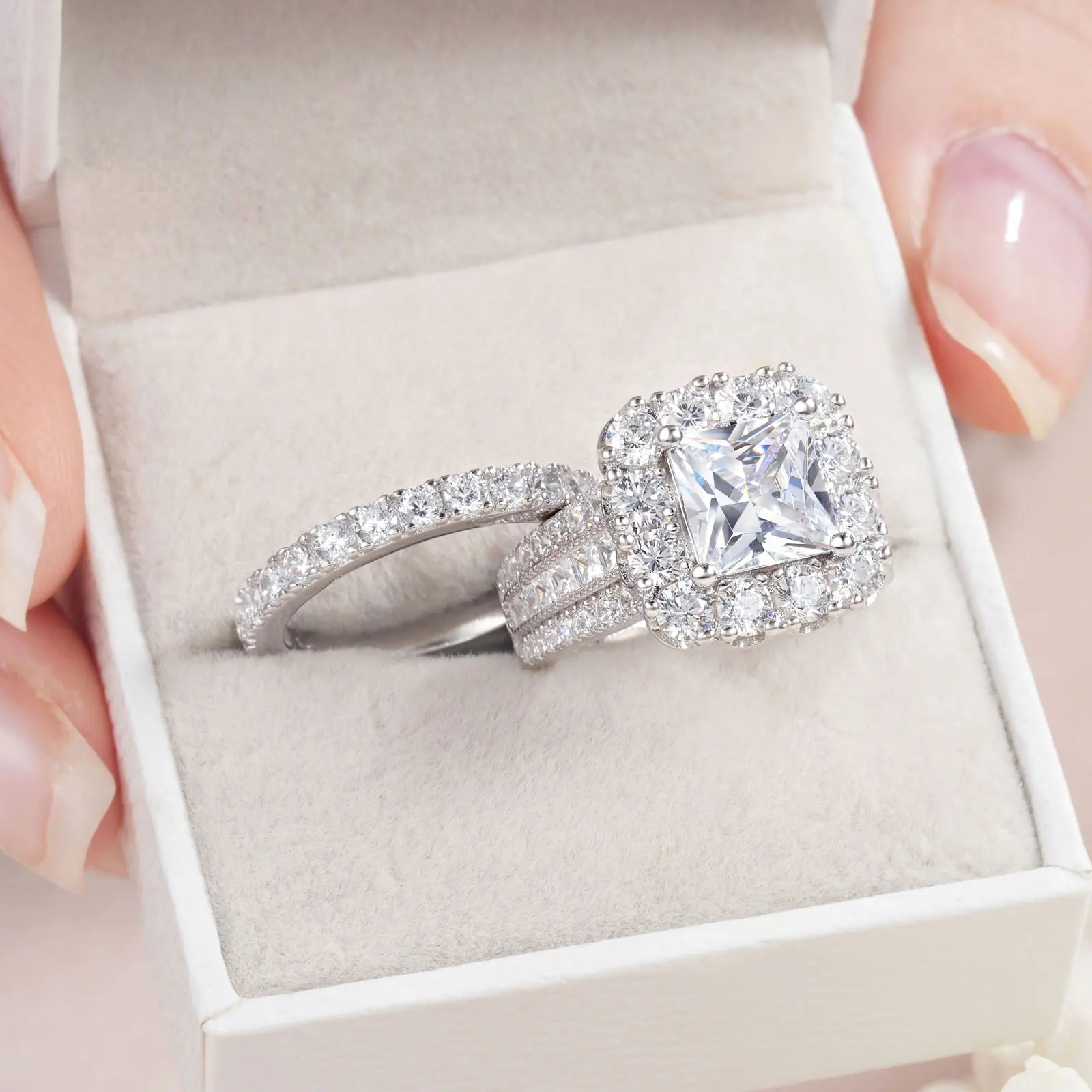 Wedding Rings Set Halo Princess Cut - Frimunt Clothing Co.