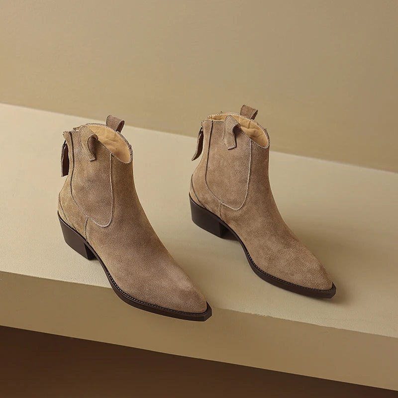 Women's Pointed Toe Zippered Western Genuine Cow Suede Cowboy Boots - Frimunt Clothing Co.