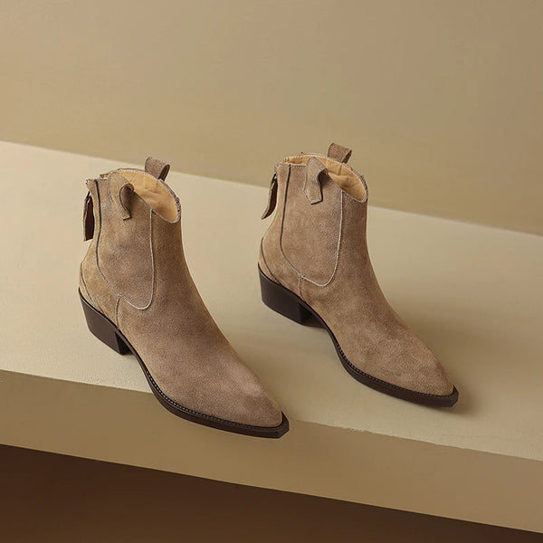 Women's Pointed Toe Zippered Western Genuine Cow Suede Cowboy Boots - Frimunt Clothing Co.