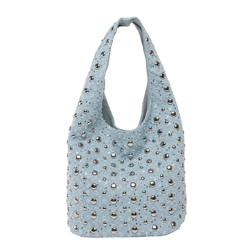 Women's Denim Rivet Bucket Shoulder Bag - Frimunt Clothing Co.