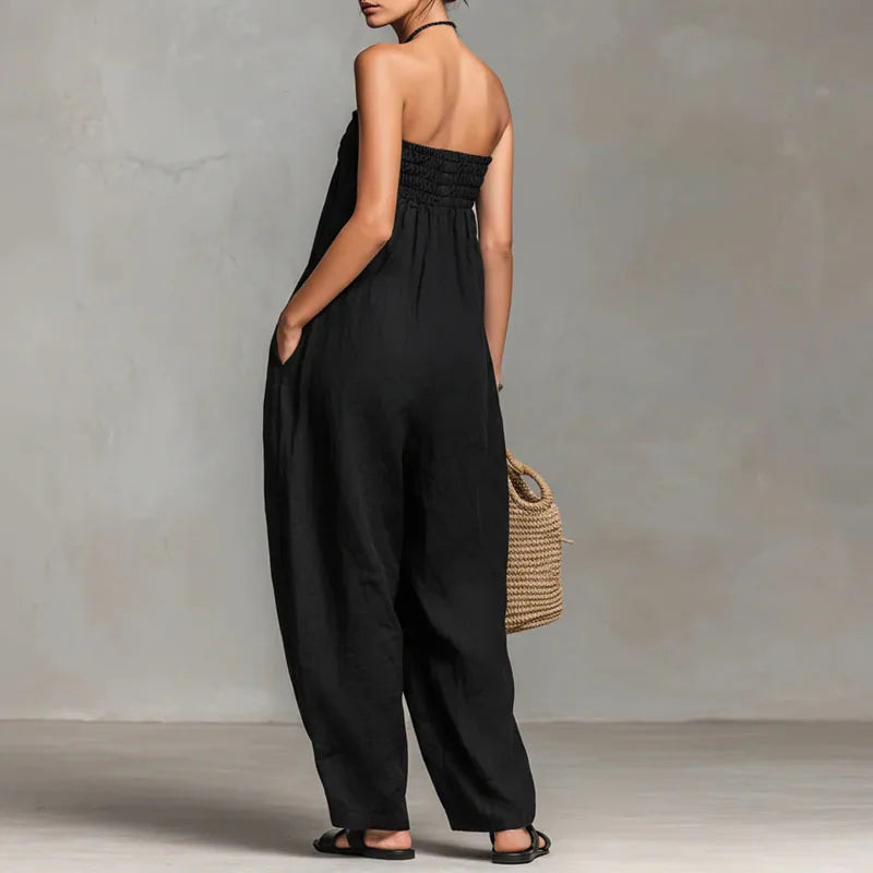 Woman's Elegant Ruched Tie Front Strapless Backless Wide Leg Jumpsuits Spring Summer