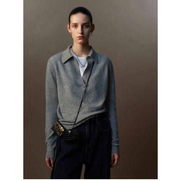 100% Cashmere Polo Scissors Collar Knit Sweater