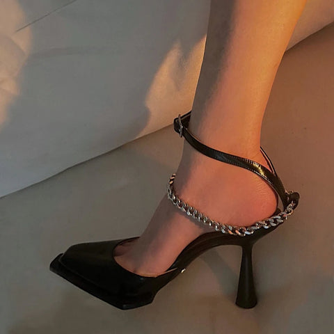 Women's Buckle Strap Pointed Toe Metal Chain Stiletto High Heels Dress Shoes - Frimunt Clothing Co.