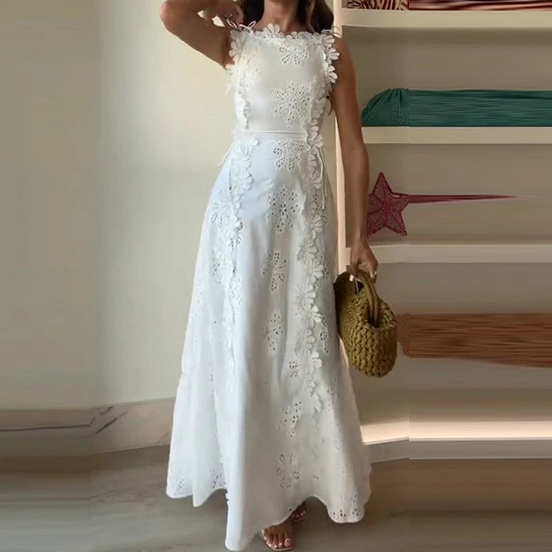 Women's White Lace Embroidery Sleeveless Dress - Frimunt Clothing Co.