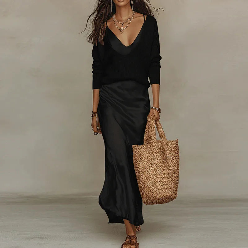 Women V Neck Long Sleeve Knitted Sweater and Satin Long Dress Suit 2026 Spring Solid 2 Piece Outfits