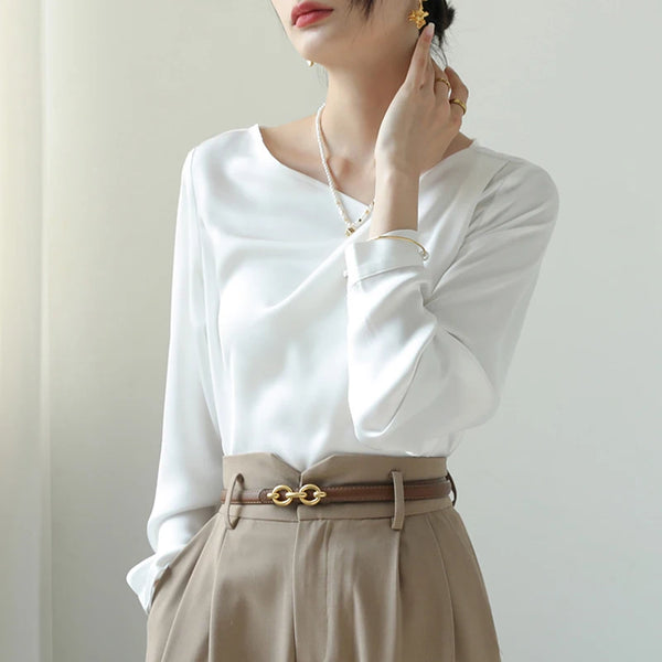 Satin Women's Shirts Solid Casual Spring/Summer Long Sleeves White Tops - Frimunt Clothing Co.