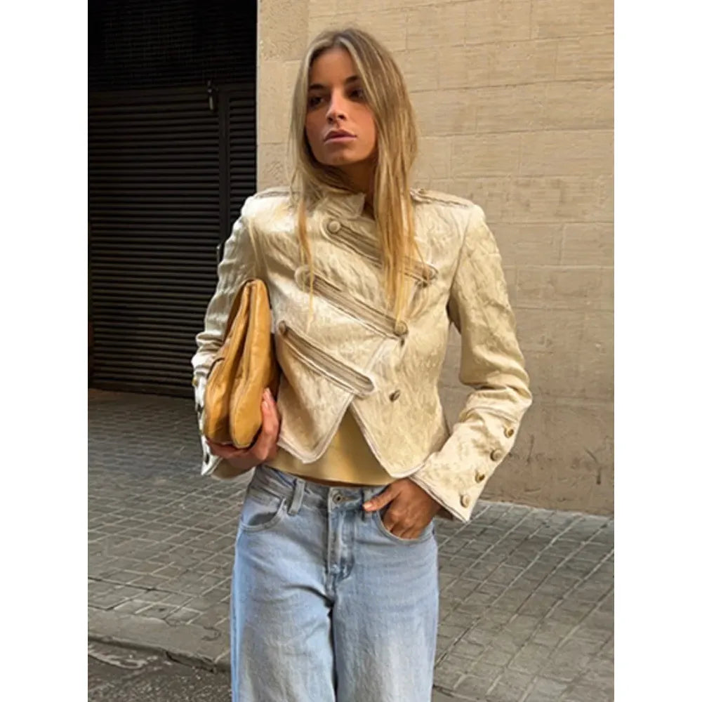 Chic Golden Toggle Button Cropped Jacket Padded Shoulder