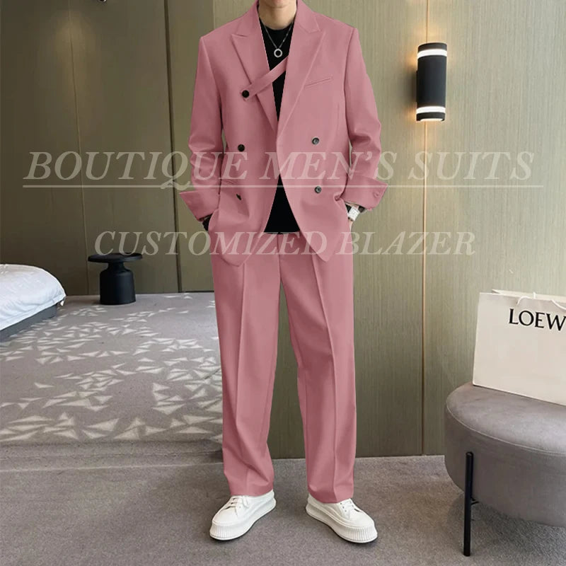 Men Fashion Double Breasted Loose Casual Suits Blazer Wide Leg Pants - Frimunt Clothing Co.