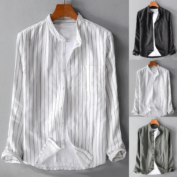 Men's Cotton Linen Shirts Casual Striped Long Sleeve - Frimunt Clothing Co.