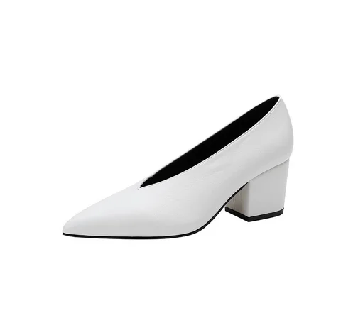 Pointed Toe Leather  V Cut Pump Kitten Heel or Chunky Heel Shoes