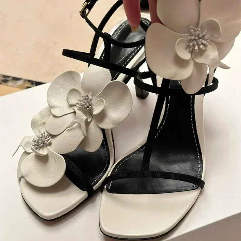 Women Luxury Designer Elegant Flower Heeled Summer Ankle Wrap Metal Buckles - Frimunt Clothing Co.