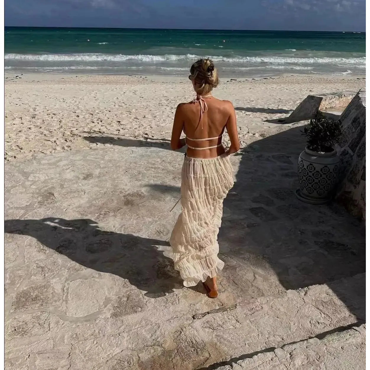 Women's Halter Backless Top & Drawstring Maxi Skirt 2 Piece Set - Frimunt Clothing Co.