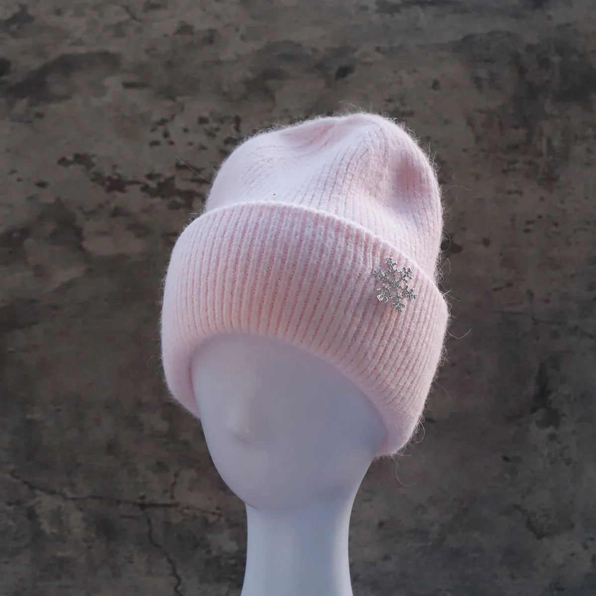 Women's Winter Knit Cuff Hat Real Warm Rabbit Hair Snowflake Pin Solid Colors - Frimunt Clothing Co.