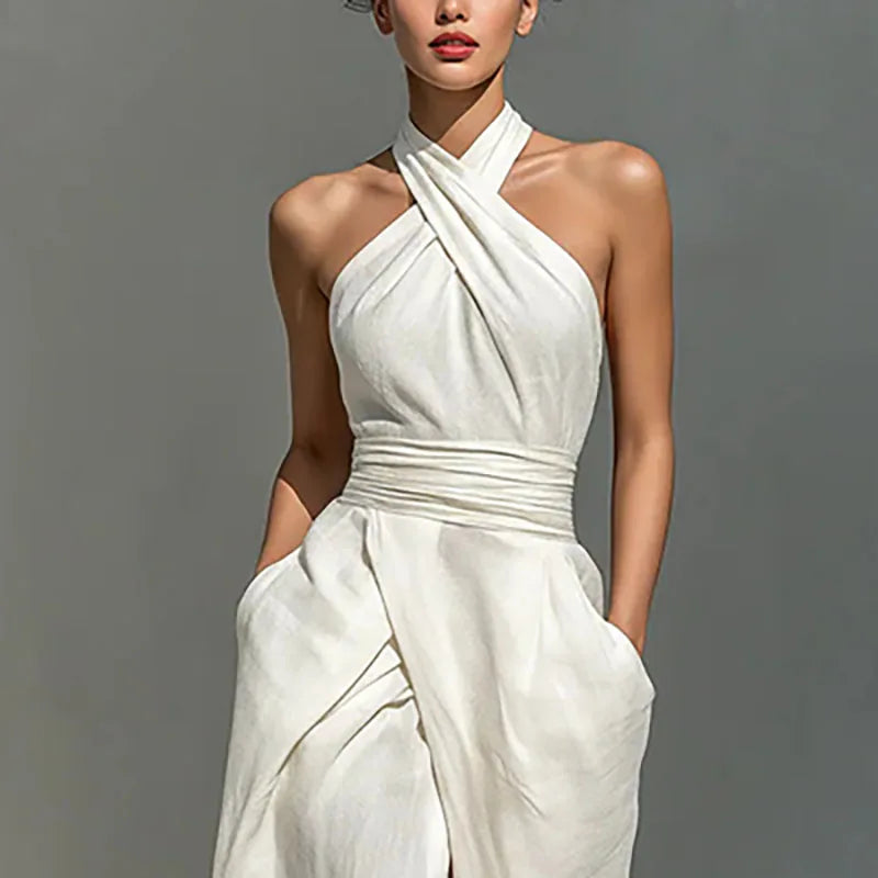 White Criss Cross Halter Elegant Party Dress Ruched Waist Summer Long Dress