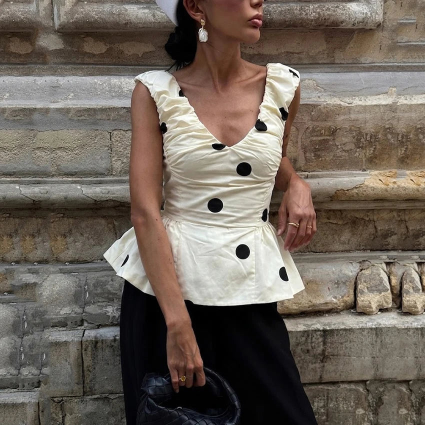 Vintage Polka Dot Backless Tank Tops Summer Street Chic Deep V Neck