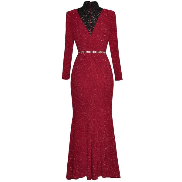 Gorgeous Women's Stand Up Lace Collar Trumpet Long Skirt Riveted Bottom Dress