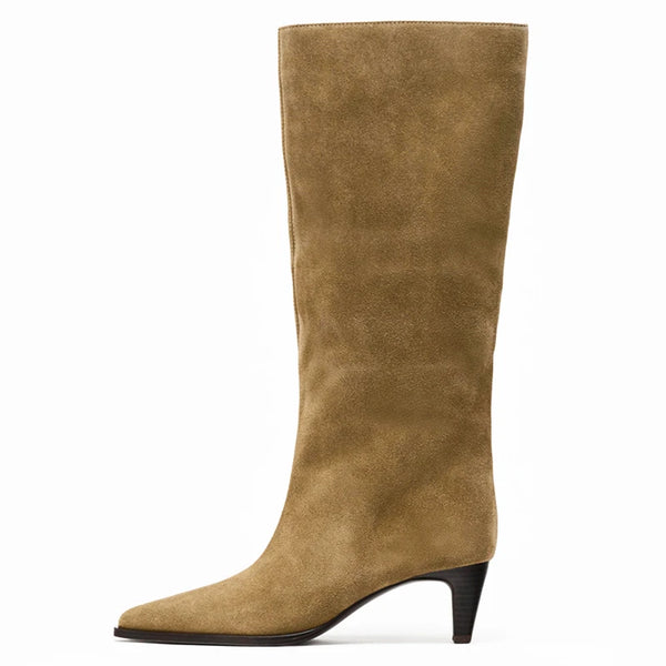 Women's Cow Genuine Leather High Heels Knee High Pointed Toe Winter Boots - Frimunt Clothing Co.