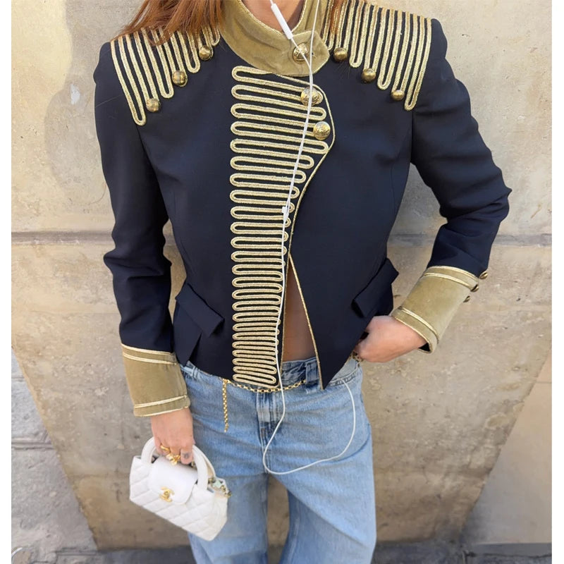 High Neck Cropped Velvet Napoleon Style Jackets Fireman Clasp