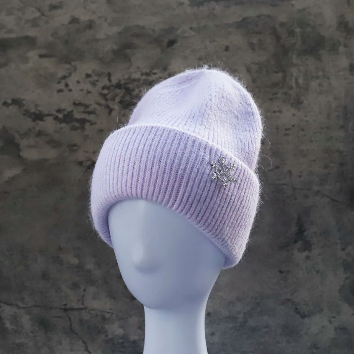 Women's Winter Knit Cuff Hat Real Warm Rabbit Hair Snowflake Pin Solid Colors - Frimunt Clothing Co.