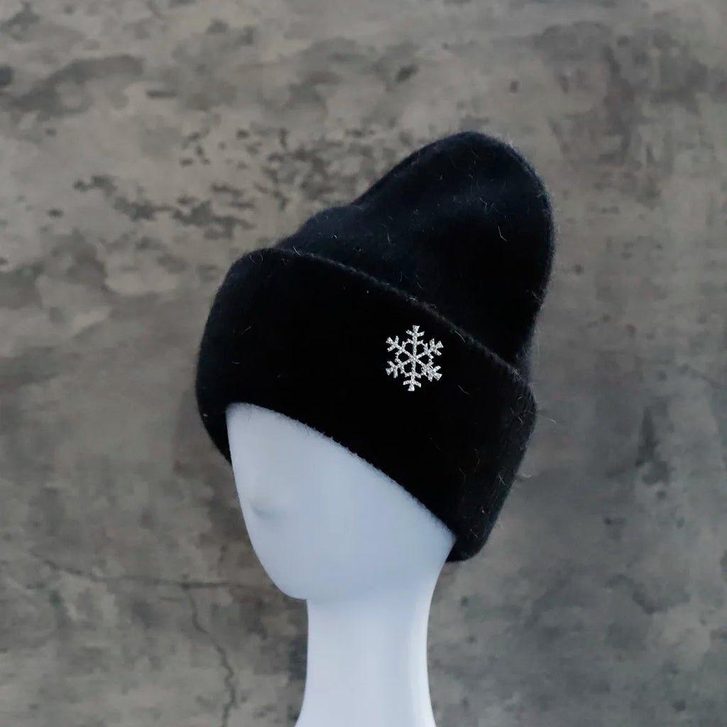 Women's Winter Knit Cuff Hat Real Warm Rabbit Hair Snowflake Pin Solid Colors - Frimunt Clothing Co.