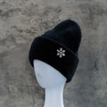 Women's Winter Knit Cuff Hat Real Warm Rabbit Hair Snowflake Pin Solid Colors - Frimunt Clothing Co.