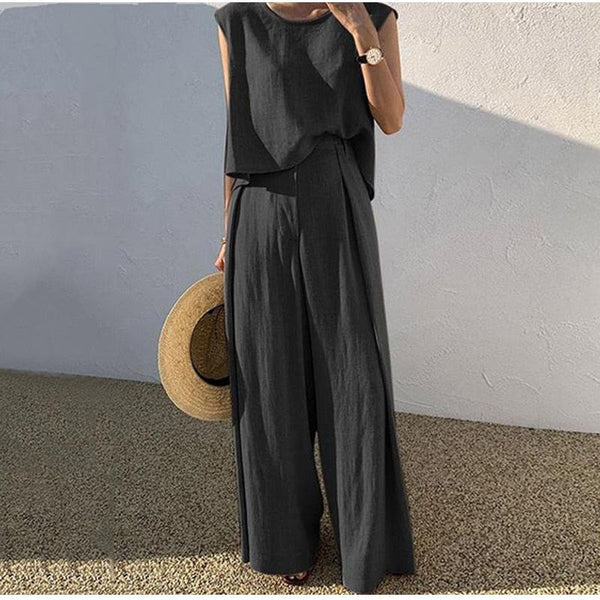 Women Cotton Linen Suits Summer Sleeveless O-Neck Tank Top Wide Leg Pants Two Piece Sets Female Fashion Casual Solid Loose Suits