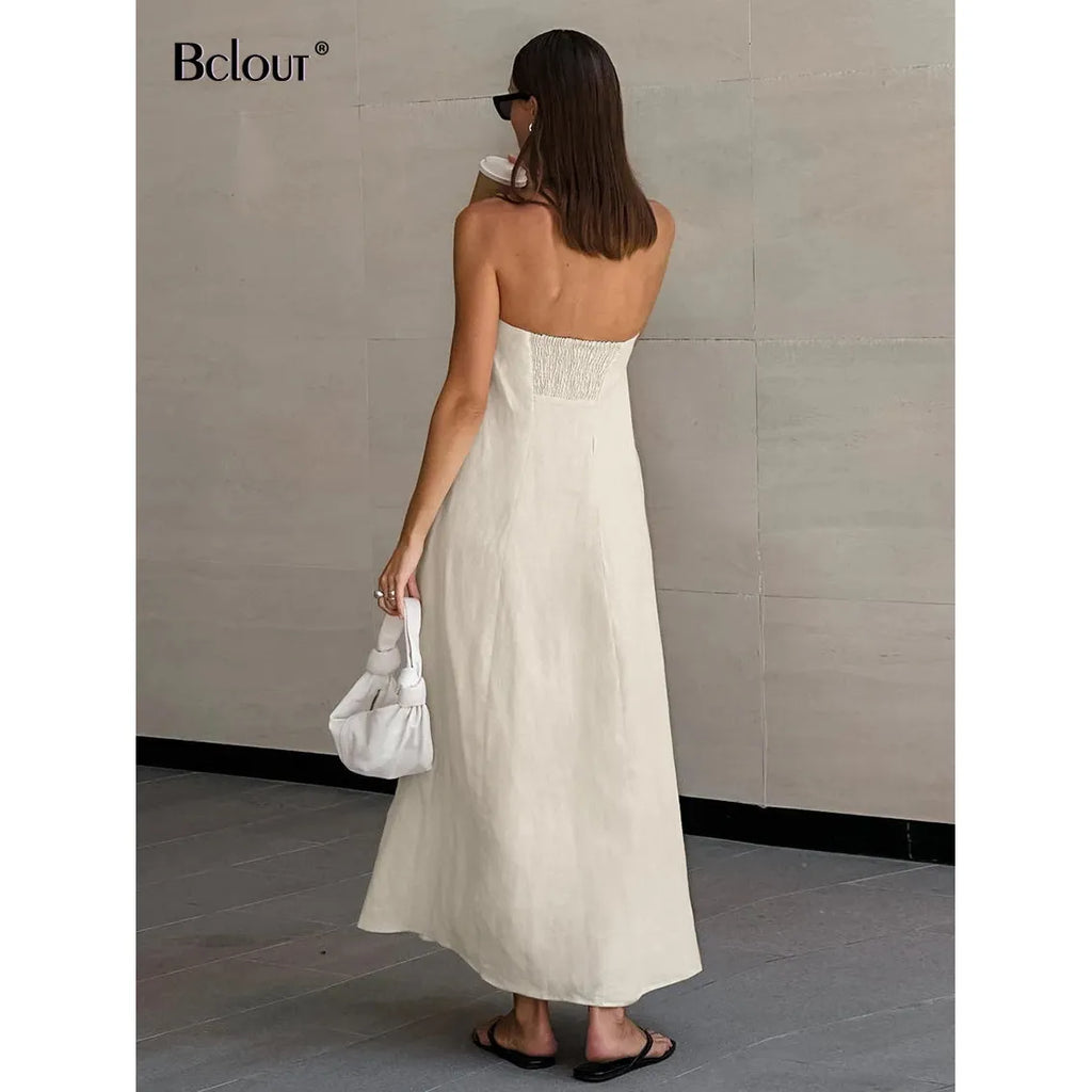 Khaki Linen A-Line Women's Strapless Maxi Summer Dress - Frimunt Clothing Co.