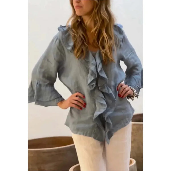 Lena Relaxed Boho Style Blouse with Flounce Neckline 3/4 Sleeve - Frimunt Clothing Co.