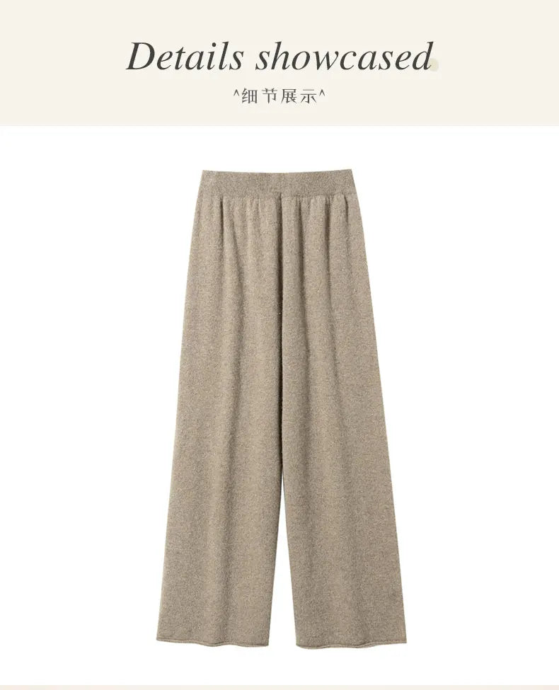Women's Pure Warm Wool Knit Casual High-Waist Loose Hemmed Wide-Leg Fall-Winter Pants