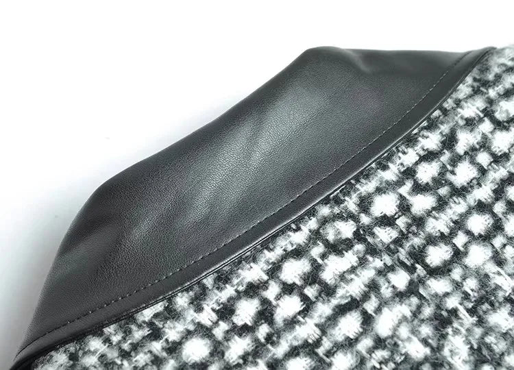 Women's Woolen Plaid Double Breasted With Leather Collar Long Coat