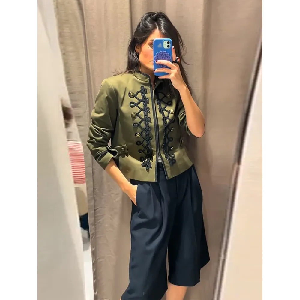 Chic Golden Toggle Button Cropped Jacket Padded Shoulder
