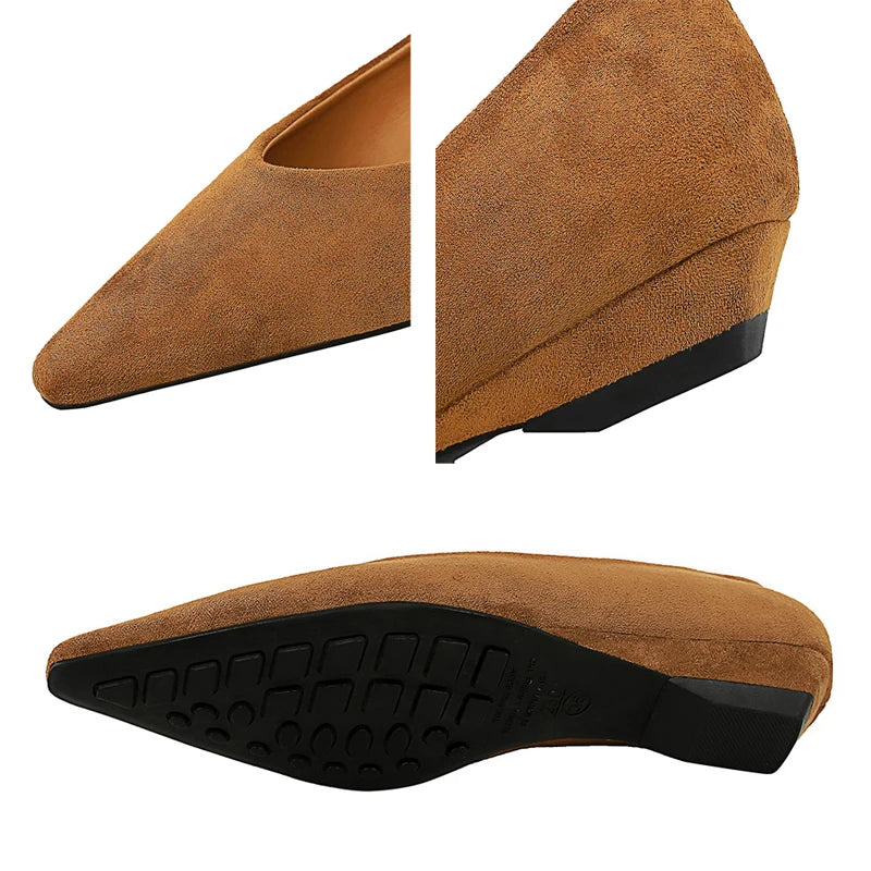 New Women's Pointed Toe Suede Low Heeled Wedge Shoes