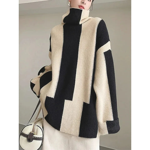 Women's Turtleneck Oversized Warm Winter Color Block Knit Sweater