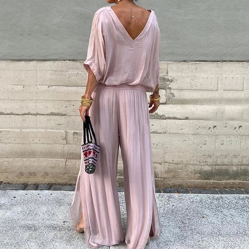 Women's Elegant Spring Chiffon Wide-leg Pants Two-piece Set V Neck - Frimunt Clothing Co.