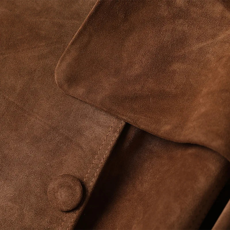 Women's Genuine Leather Suede Long Classic Trench Coat Double Breasted With Belt