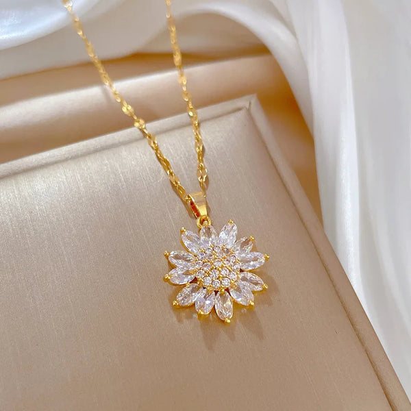 Luxury Zircon Sunflower Pendant Necklace For Women 316L Stainless Steel