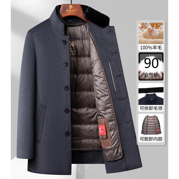Men's Insulated Wool-Blend Winter Coat Mid-Long Style With Removable Down Filled Liner