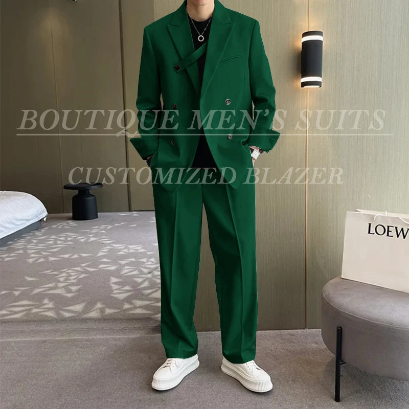 Men Fashion Double Breasted Loose Casual Suits Blazer Wide Leg Pants - Frimunt Clothing Co.