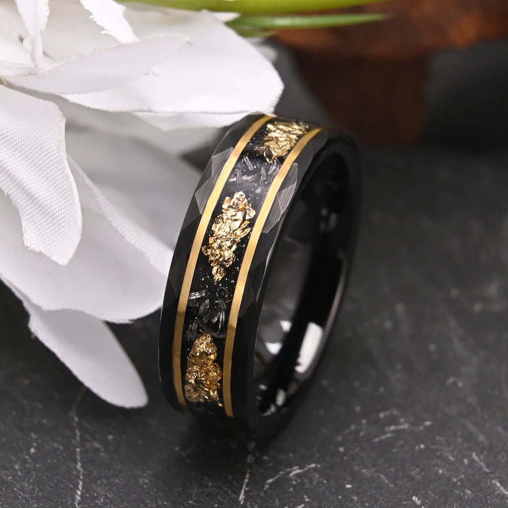 Classic Tungsten Carbide 8mm Ring Black with Golden Foil Wedding Engagement Ring for Men - Frimunt Clothing Co.