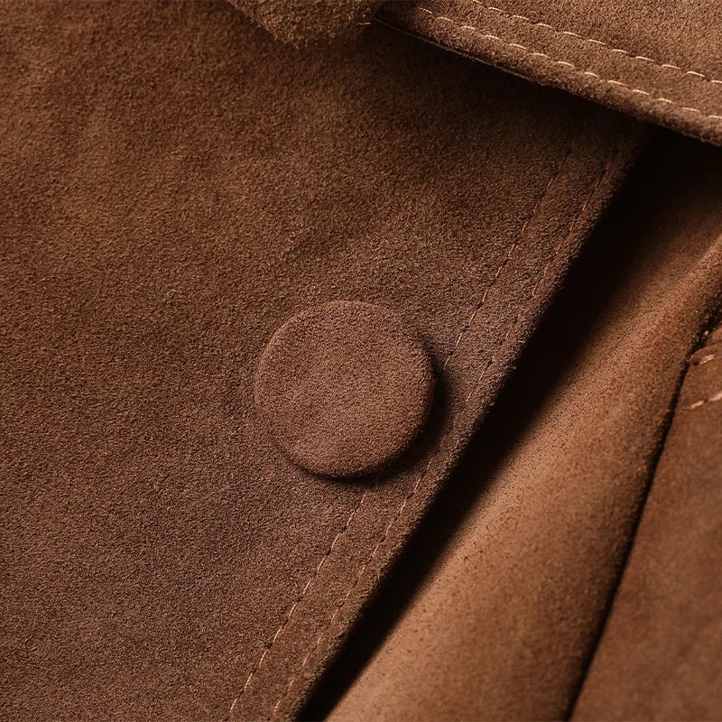 Women's Genuine Leather Suede Long Classic Trench Coat Double Breasted With Belt