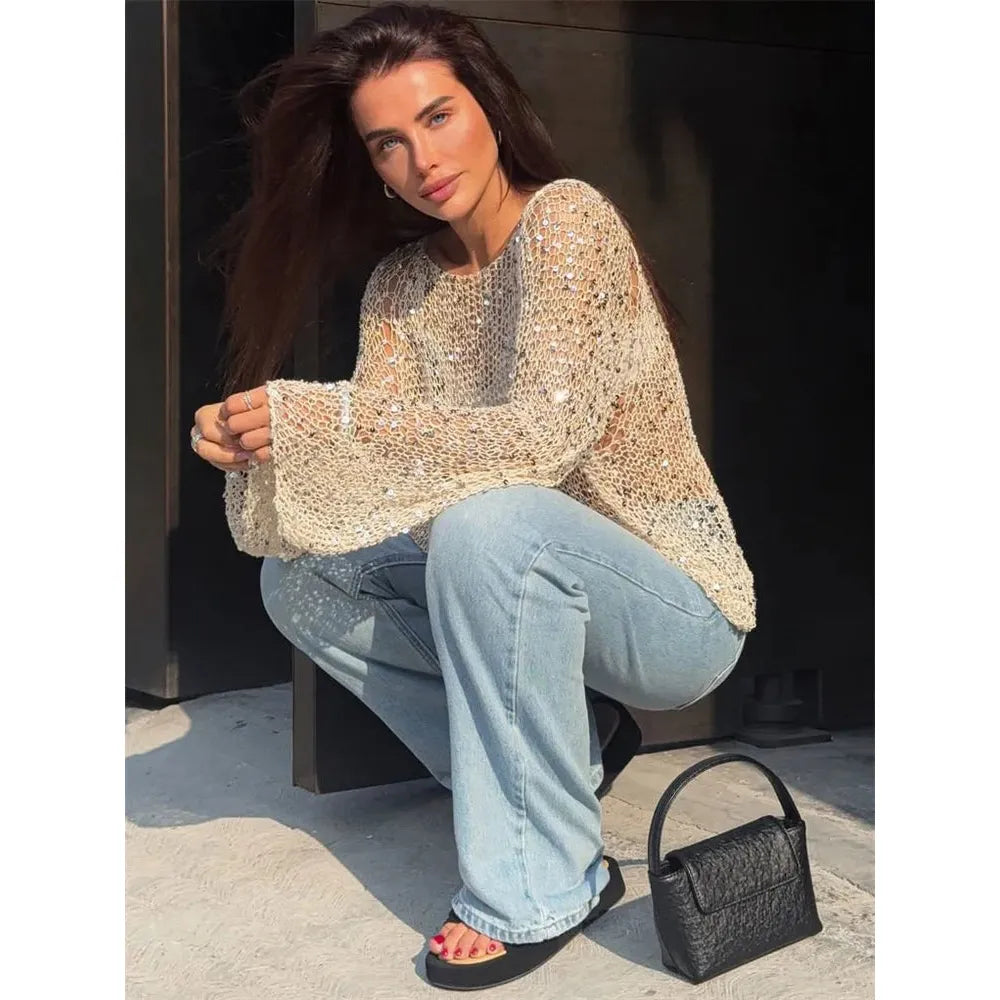 Spring Knit Sequin Loose Fit Beige Pullover Top - Frimunt Clothing Co.