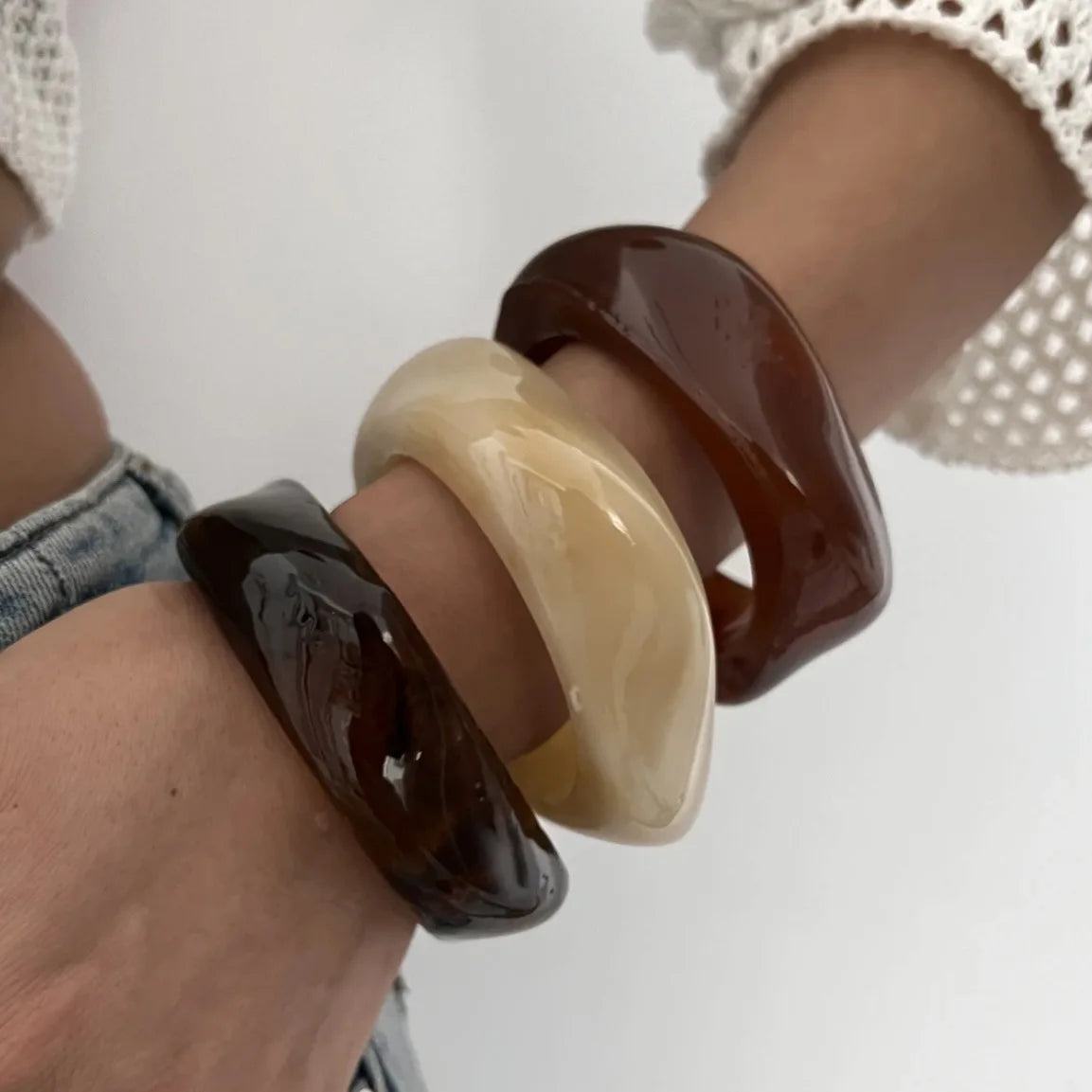 Vintage Brown Coffee Thick Resin Acrylic Bangles Geometric Irregular Wide Cuff Bangle Bracelets - Frimunt Clothing Co.
