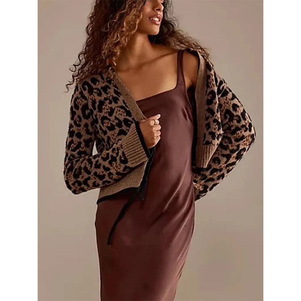 Women Knit Cardigan Leopard Print Ribbed Long Sleeve Tie Front Closure - Frimunt Clothing Co.