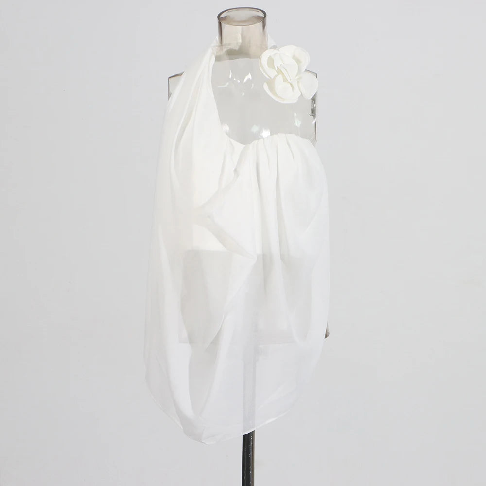 Draped Halter Top – Silk Chiffon with 3D Flower (White & Black) - Frimunt Clothing Co.